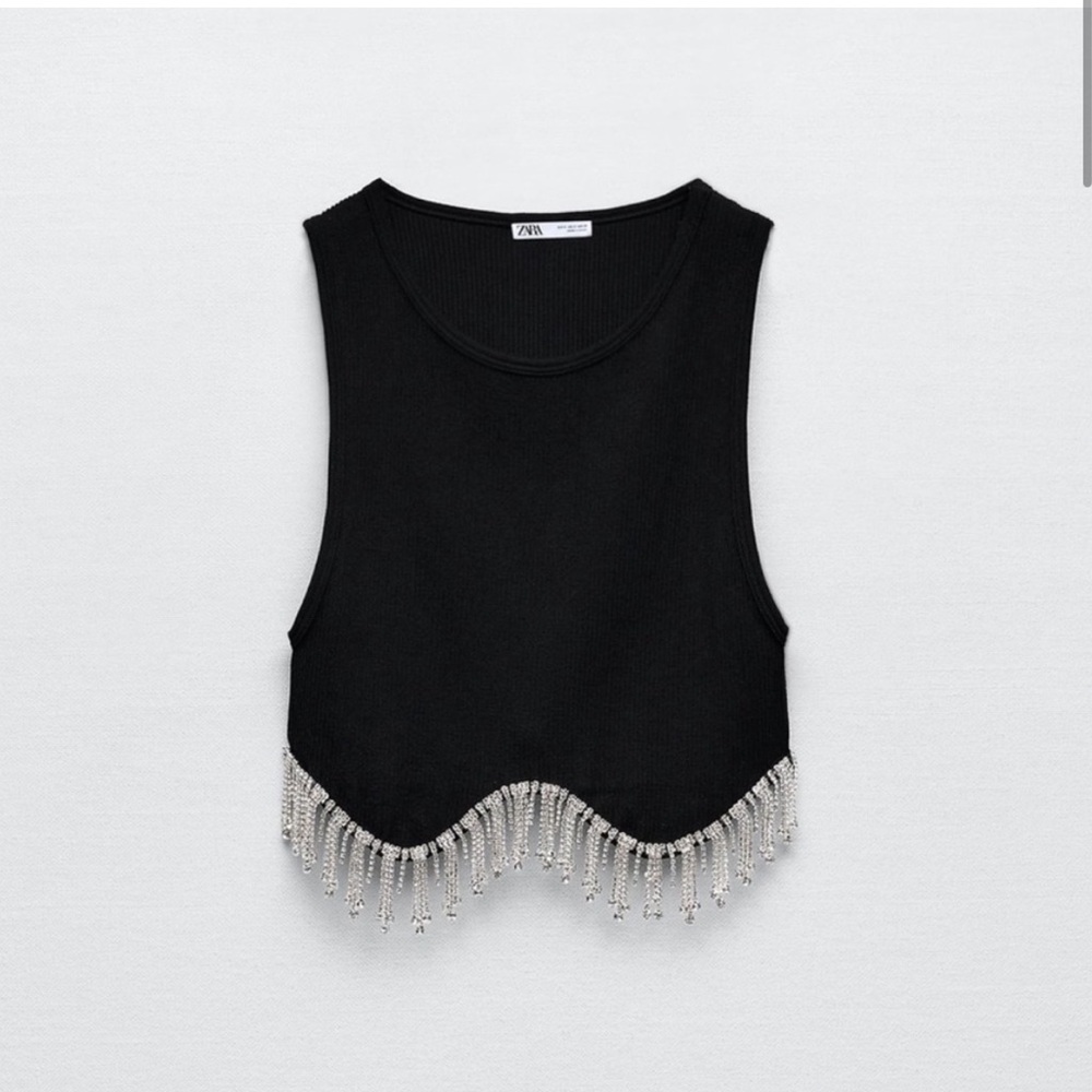 Zara black cropped tank with dangling rhinestones